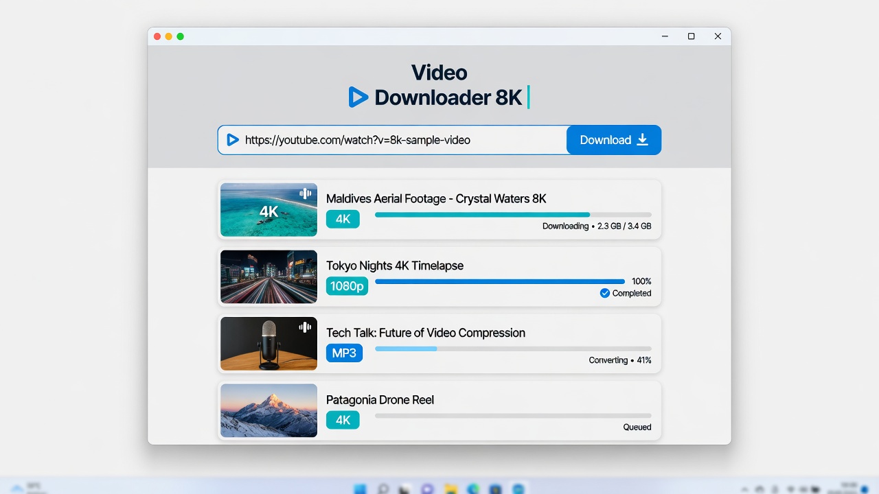 Video Downloader 8K running on Windows, showing a list of videos downloading with thumbnails, 4K/1080p/MP3 quality badges and progress bars.